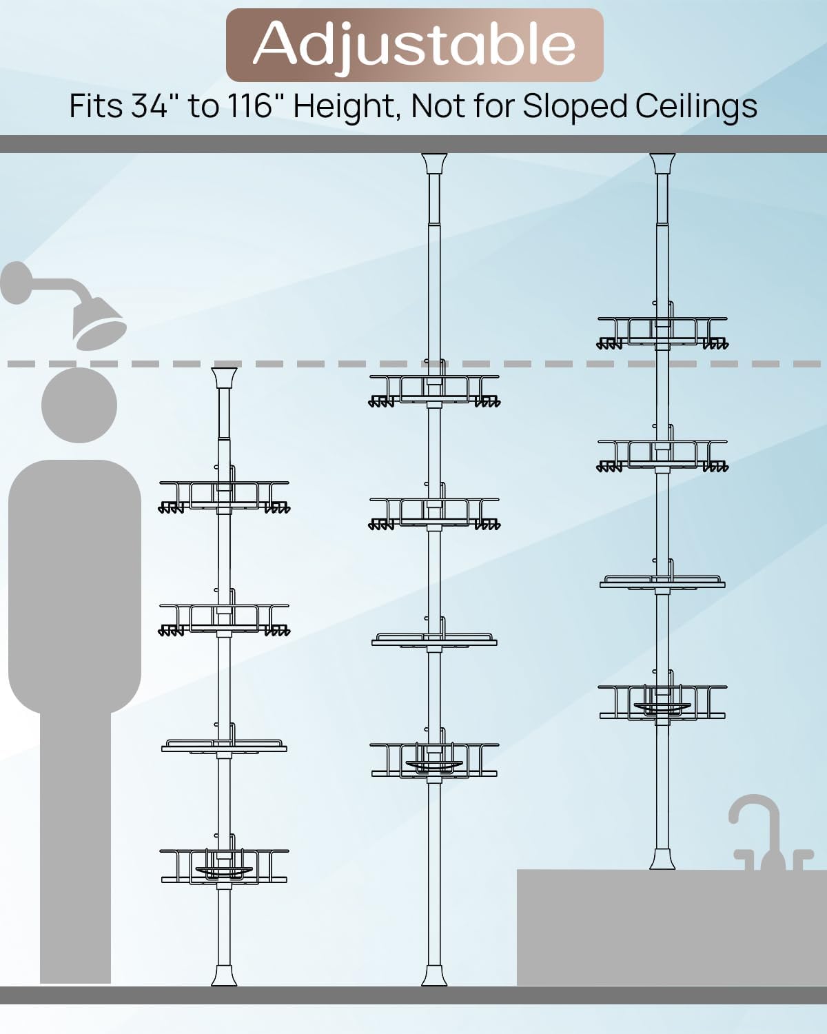 ALLZONE Corner Shower Caddy Tension Pole – Upgraded Rust-Free Stainless Steel Shower Organizer with Adjustable Storage Shelves, Drill-Free Installation, Quick Setup, Extends from 34 to 116 Inches