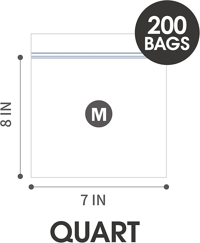 24/7 Bags- Quart Zip Storage Bags, 200 Count, Double Zipper Seal, Easy Grip Open Tabs, Write-On Space, BPA-Free & Heavy Duty, Microwave Safe, Non-StandUp