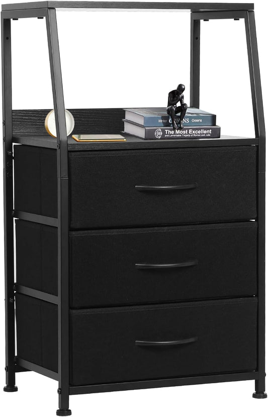 Dresser for Bedroom, Fabric Nightstand Tall Dresser & Chests of Drawers with 3 Drawers, Vertical Organizer Storage Tower Unit for Bedroom, Hallway, Entryway Black