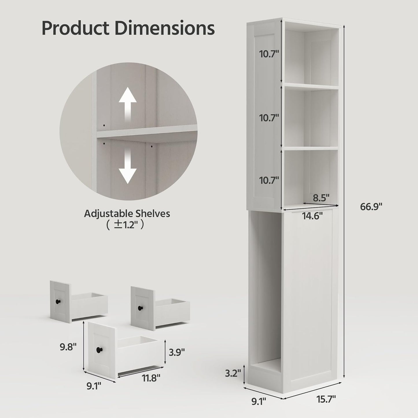 LAUSAINT HOME Tall Bathroom Storage Cabinet, Anti-Tipping Narrow Floor Cabinet with 2 Adjustable Shelves & 3-Level Drawers for Small Space, Home, Bathroom, Kitchen, Laundry (White)