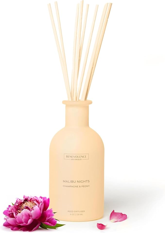 Benevolence LA Reed Diffuser - Champagne & Peony | Luxurious Home & Bathroom Decor | Long-Lasting Scent Diffusers for Home - Malibu Sands Collection