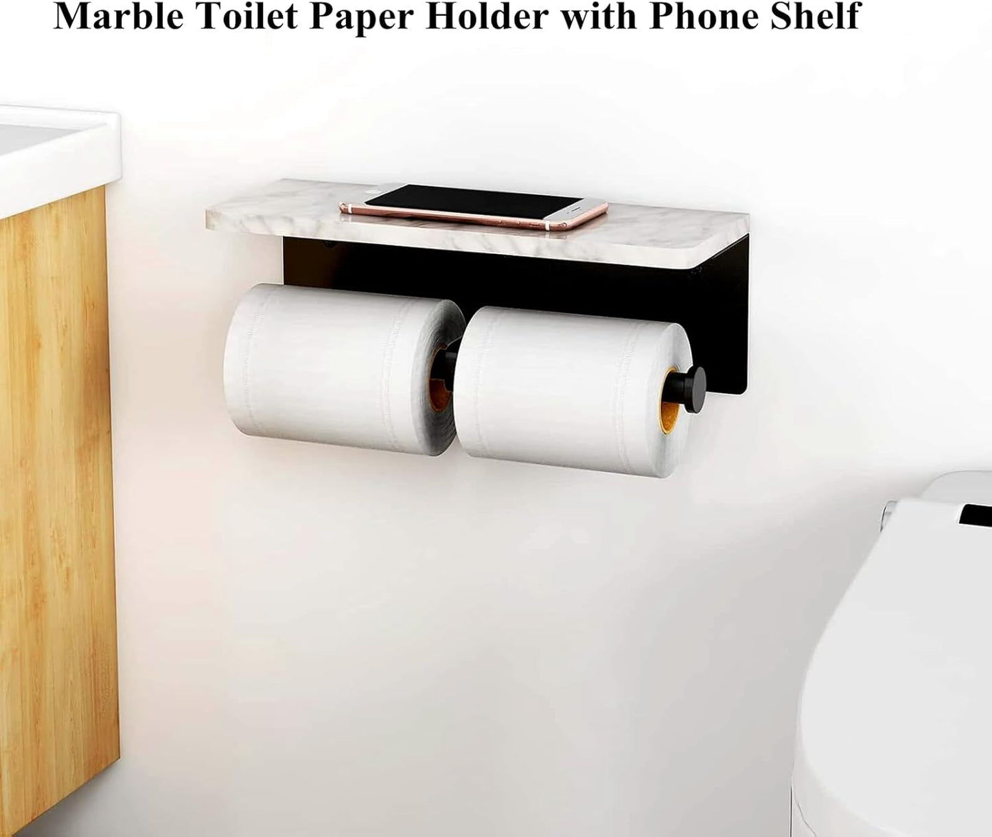 Toilet Paper Holder with Natural Marble Shelf for Bathroom Washroom,Wall Mounted Tissue Holder Suitable for Mega Roll (Matte Black, Large 11.8 * 4.7)
