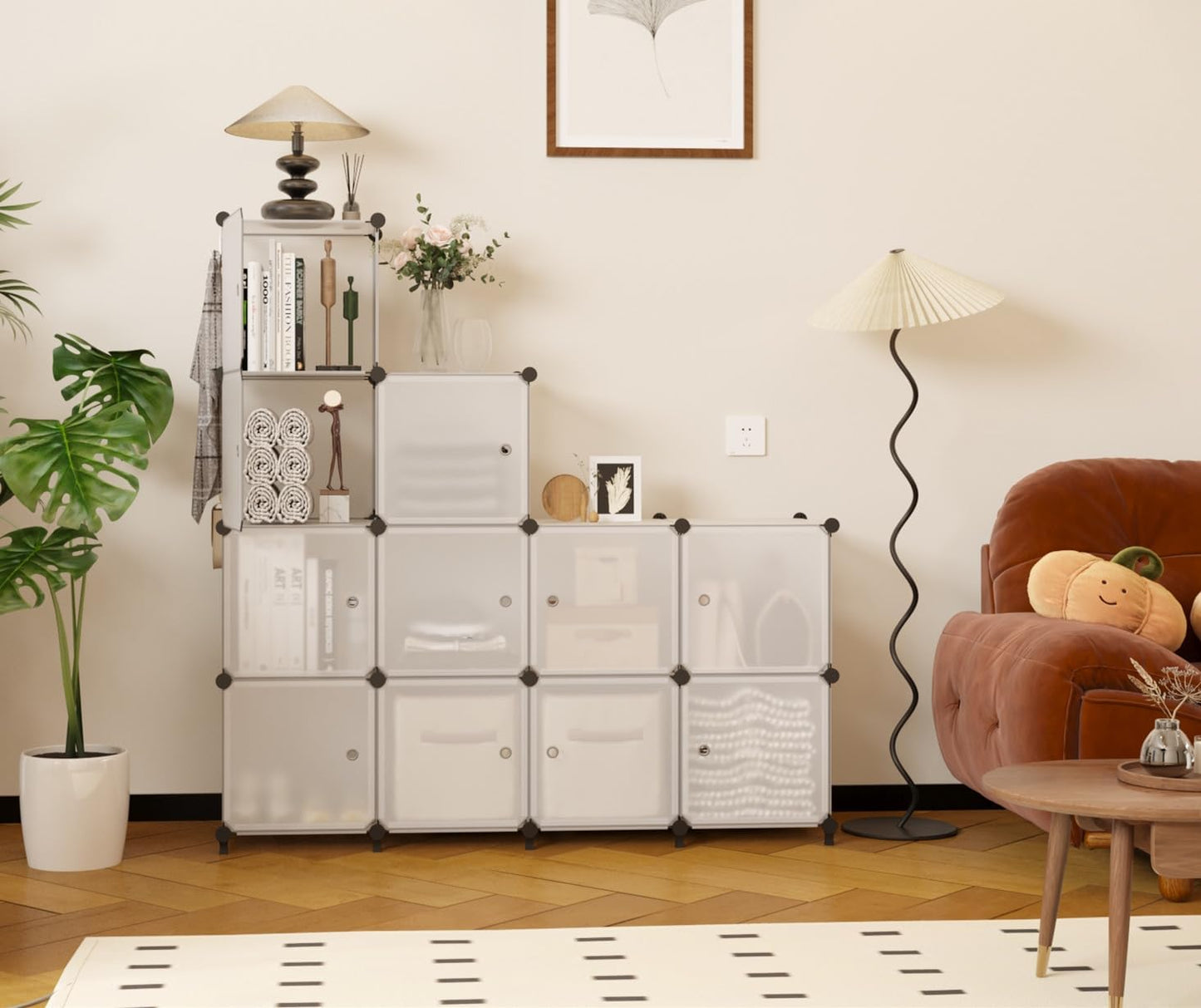 AWTATOS 12 Cube Storage Organizer with Doors, DIY Plastic Closet Shelf, Modular Bookshelf, Stackable Shelving Rack for Bedroom, Living Room, Translucent ULPZ011