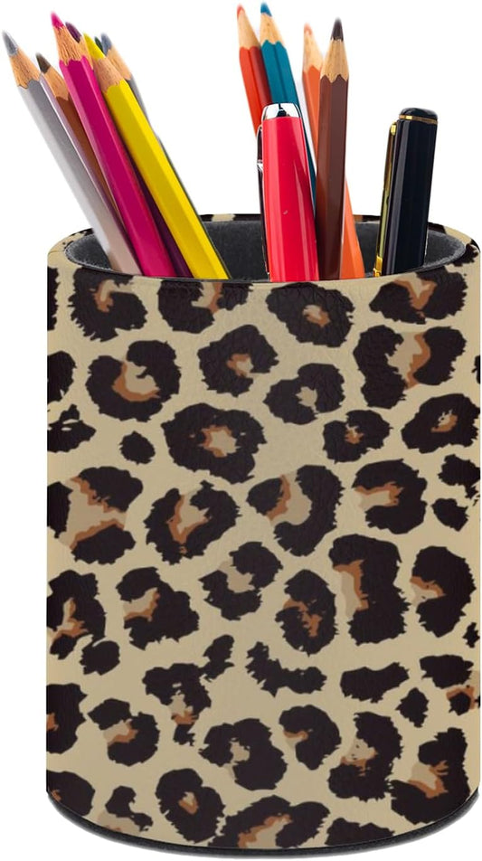 Leopard Print Pen Holder Pencil Organizer Cute Pencil Cup Desk Decor Makeup Brush Holder PU Multifunctional Office Suppliesfor Home Classroom School