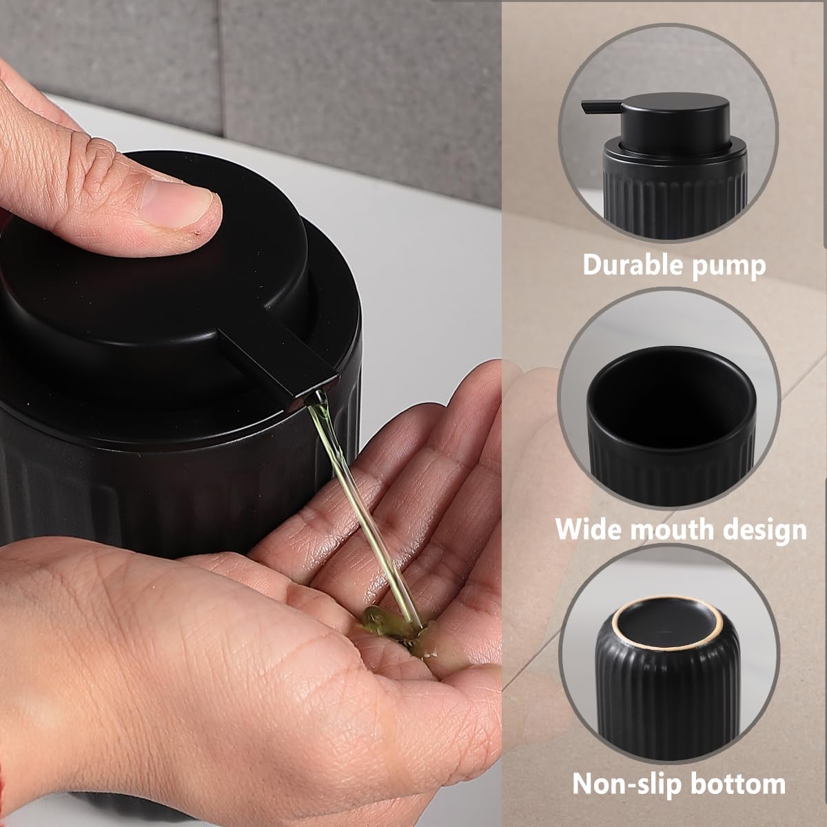 Black Soap Dispenser Set- Modern Ceramic Hand Dish Soap Dispenser for Bathroom Refillable Liquid Hand Soap Dispenser with Soap Pump for Lotion Soap for Farmhouse Kitchen Decor Dish 2 Pack