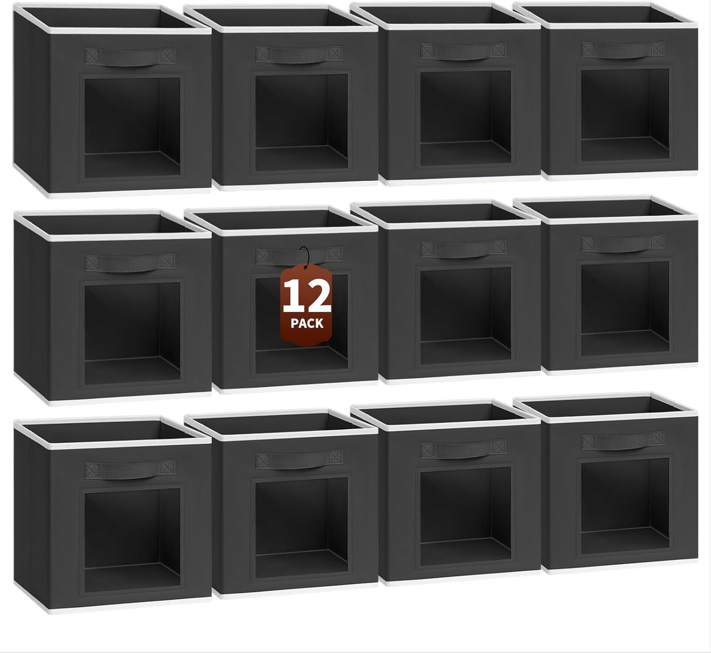 Foldable Storage Cubes - Cube Storage Organizer with Window, Decorative Baskets for Organizing, Fabric Bins for Clothes , 11 inch Black Closet bins, Set of 12, Black