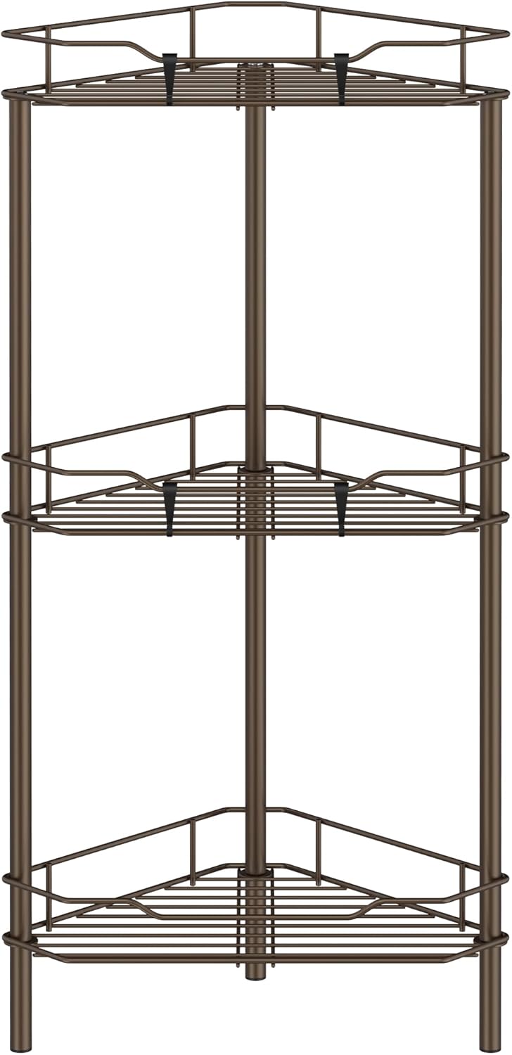 3 Tier Floor Standing Corner Shower Caddy Organizer Shelf with Hooks, Bathroom Shelves Stand Rack, Bronze
