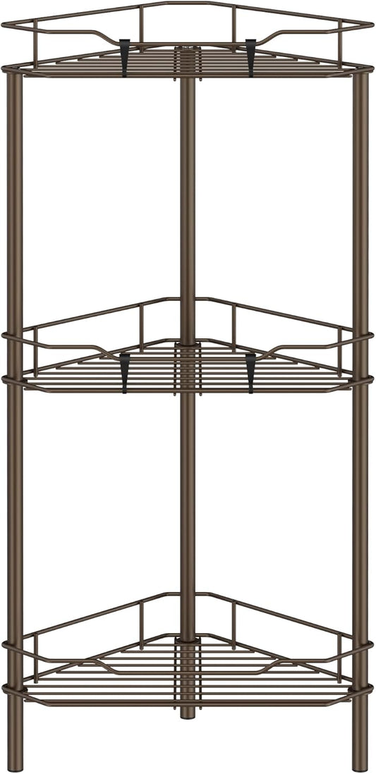 3 Tier Floor Standing Corner Shower Caddy Organizer Shelf with Hooks, Bathroom Shelves Stand Rack, Bronze