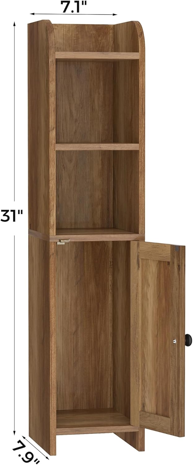 Homhedy Small Bathroom Storage Corner Floor Cabinet with Door and Shelves, Beside The Toilet Paper Stand for Skinny, Narrow Toilet Paper Cabinet, 7.9" D x 7" W x 31" H, Rustic Walnut