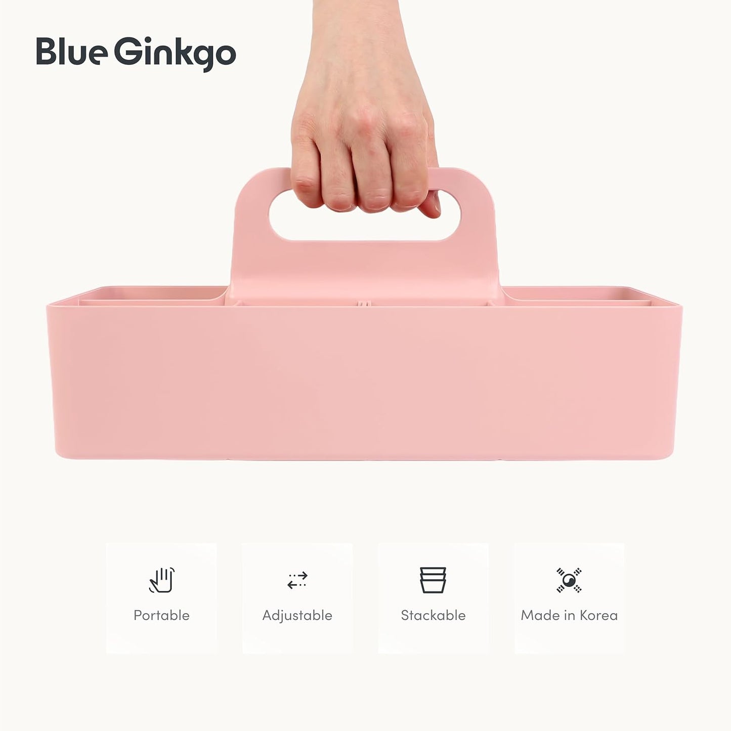 BLUE GINKGO Stackable Organizer Caddy – Korean-Made Portable Tote for Bathroom, Office, Crafts, or School Supplies (Long Rectangle, Pink)