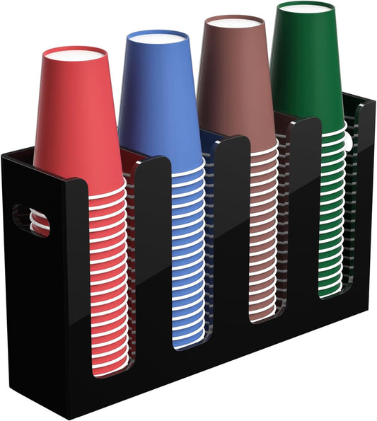 Disposable Coffee Cup Dispenser with Handles, Countertop or Wall Mount Hot/Cold Drink Cup and Lid Holder - Bathroom/Kitchen/Office Acrylic Cup Lid Storage Organizer (4 Compartments, Black)
