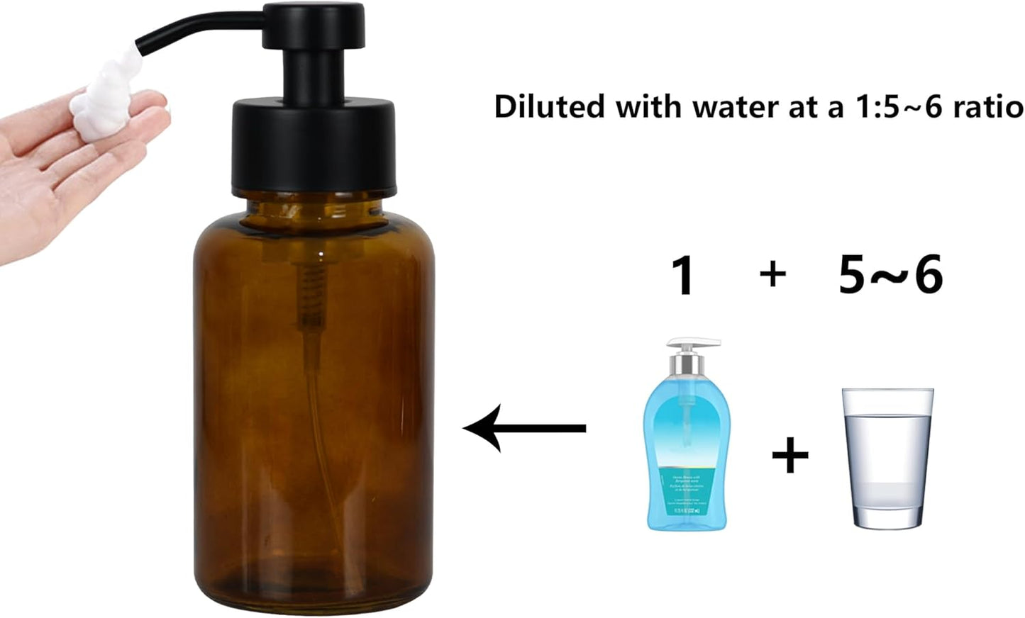 15 oz Amber Glass Foam soap Dispenser with Black Rust-Proof Foam Pump, refillable Thick Glass Foam soap Dispenser for Kitchen and Bathroom (1, 15 oz)