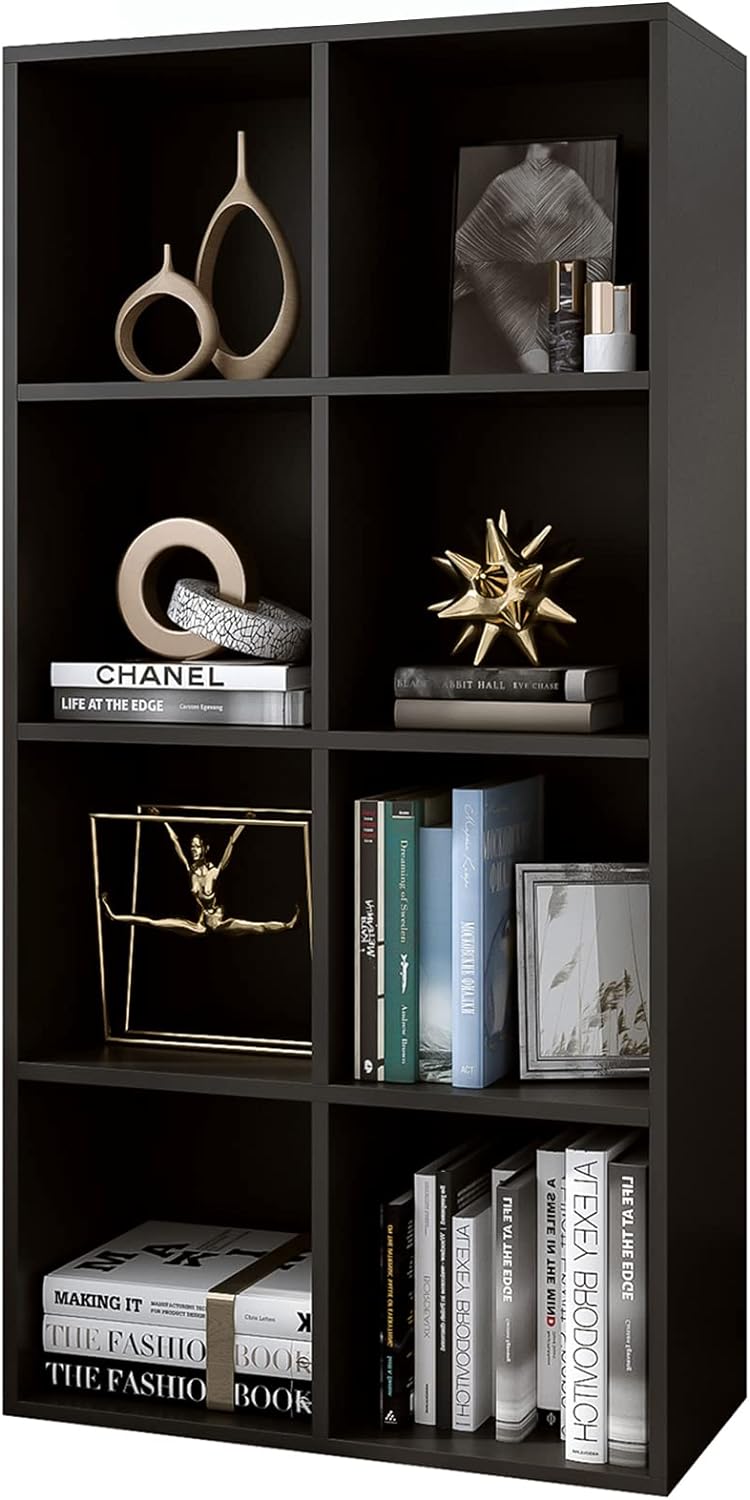 8-Cube Storage Shelf Bookcase - Wooden 4-Tier Floor Standing Open Bookshelf, Modern TV Stand up to 55 Inchs for Home and Office, Black