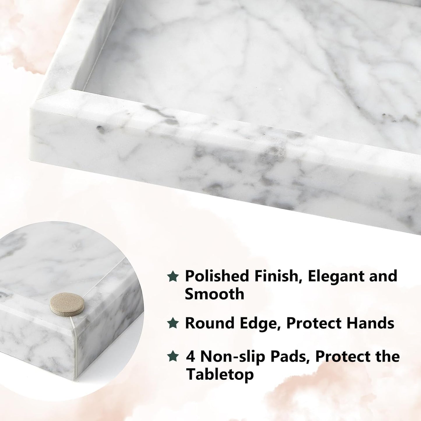 Real Natural Small Marble Tray for Bathroom, Vanity, Kitchen and Desktop, Rectangle Genuine Marble Stone Tray for Jewelry, Cosmetics, Candles, Lotion, Perfume and Home Decor (White, 12" x 5" x 1.2")