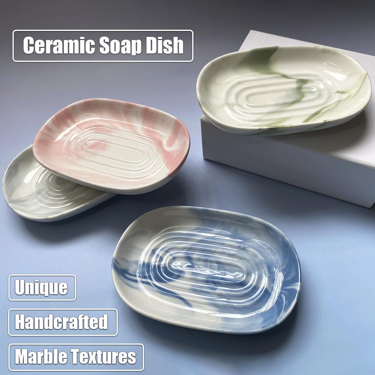Soap Dish Ceramic, Decorative Ceramic Soap Holder with Unique Marble Textures, Bar Soap Holder for Shower, Bathroom, Kitchen, Tubs, Sink, Hotels, Counters (Gray Texture)