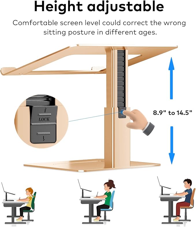 Laptop Stand for Desk, Ergonomic Aluminum Laptop Stand Adjustable Height from 7-15", Sitting and Standing Laptop Riser for 10-17" Notebook (Gold)