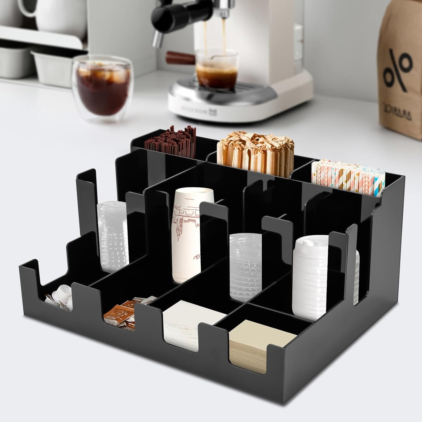 Coffee Bar Organizer for Countertop, Acrylic Coffee Station Organizer Condiment Organizer Coffee Cup Syrup Pod Holder, Coffee Bar Organizer for Home Office Cafe, 12 Compartment, Black
