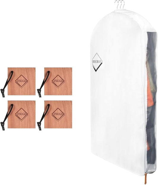 1PC Luxury 48'' Organic Cotton Garment Storage Bag | 4 Cedar Blocks for Fresh Smell| Breathable Garment Bag for Hanging Clothes for Closet Best for Suits, Sweaters, Short Dresses, Gowns