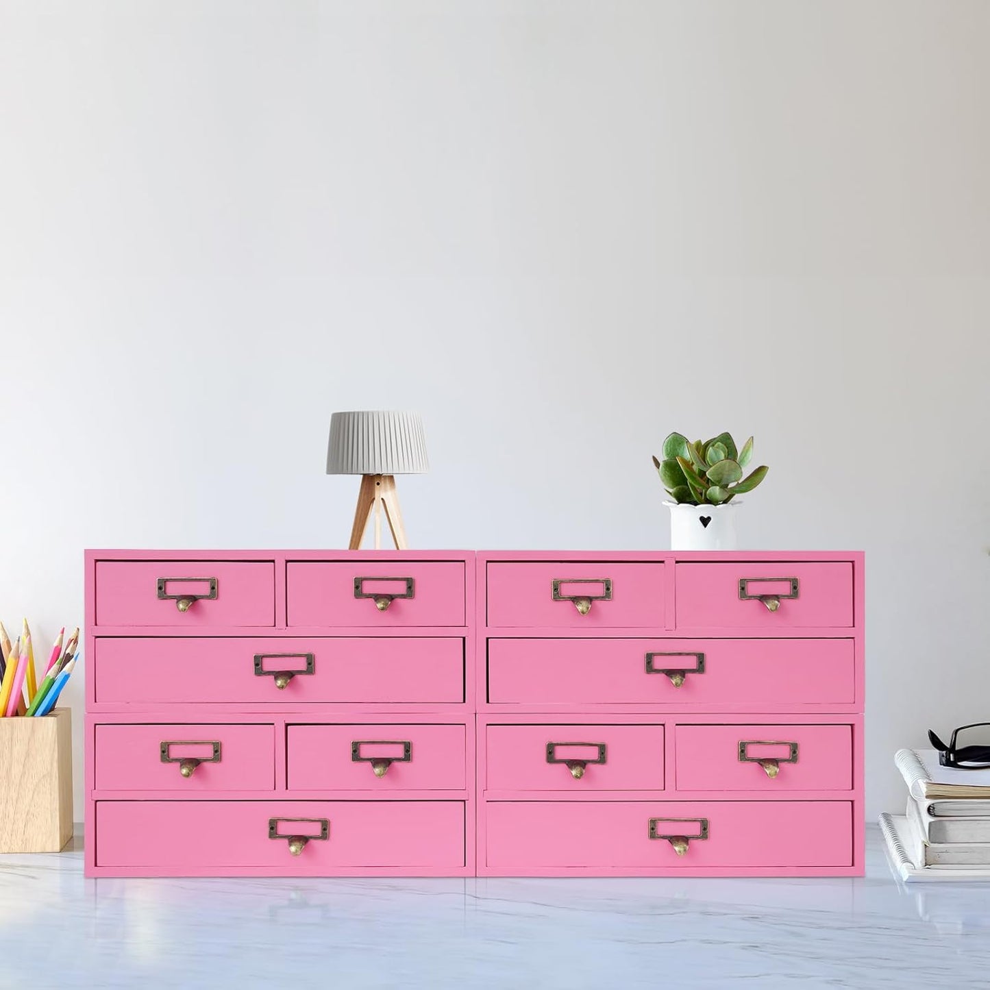 4-Piece Desktop Organizer Set with 3 Drawers, Wood & Metal Drawer Storage, Wooden Desktop Organizer for Store Cosmetics, Jewelry, Letters, Papers, Tea Bags, Sugar Packets (Pinck)