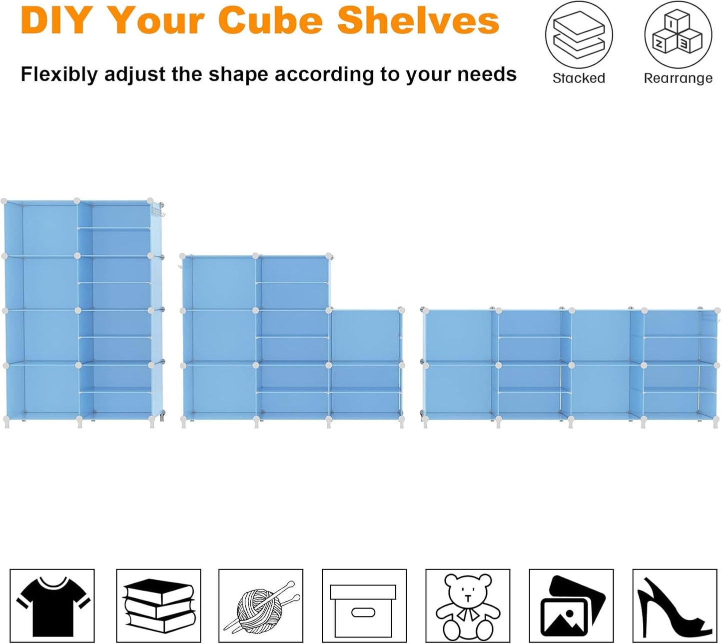 AWTATOS Closet Organizer 8 Cube Storage Shelves Closet Storage Clothes Organizers Stackable Cubby Shelving for Closet Bedroom Living Room Blue