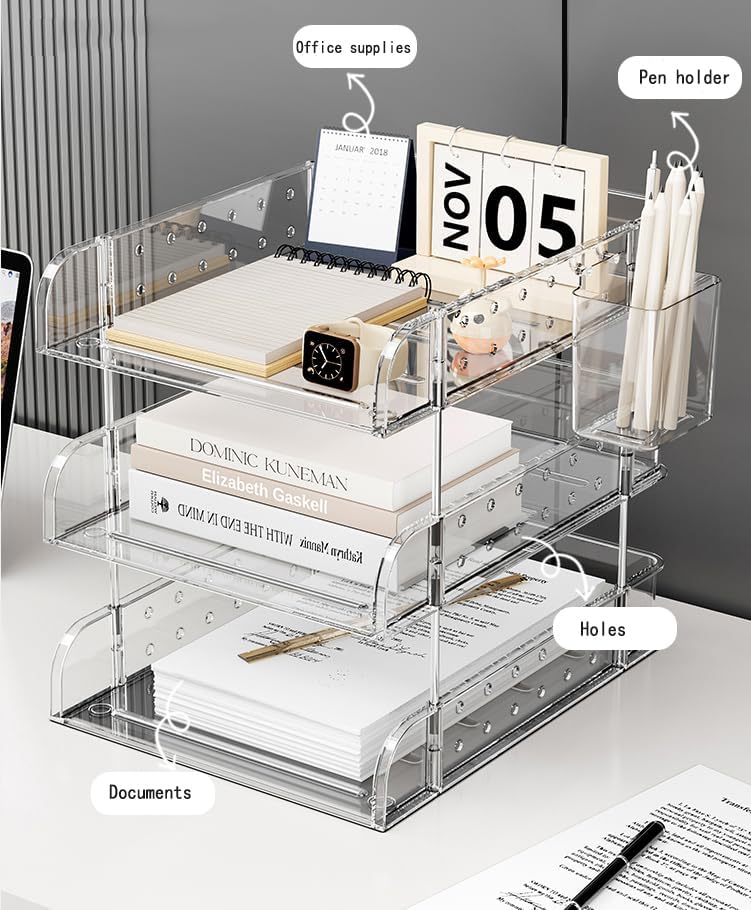 Black Acrylic Desk Organizer, Multi-Tier Letter Tray with Pen Holder, Office Storage for Documents and Supplies