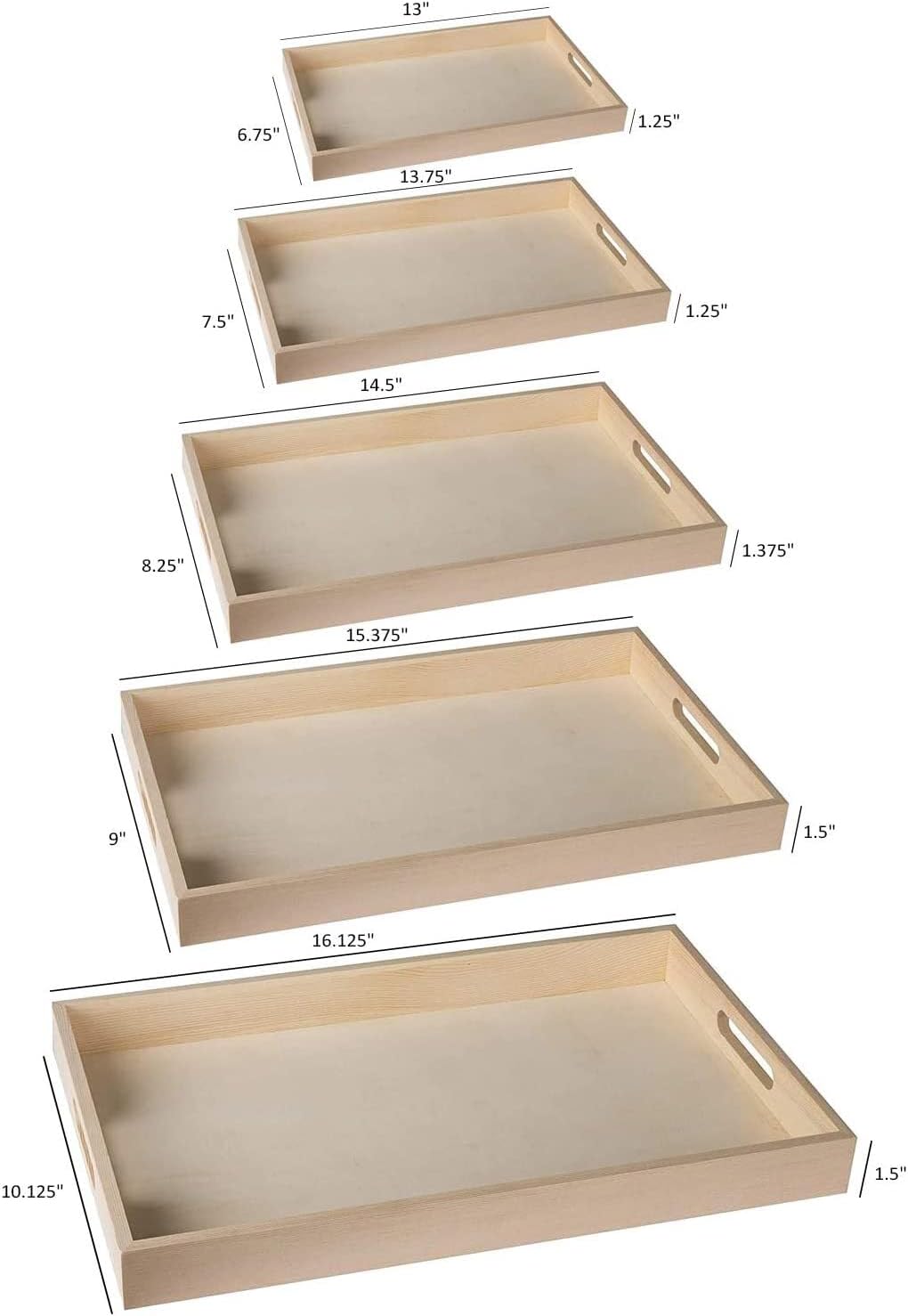 Hammont Wood Serving Tray Set with Handles - 5-Piece Nested Breakfast Trays for Food, Party Buffet, Organizing, and Montessori - Versatile Wooden Trays for Serving, Catering, and Bathroom Use