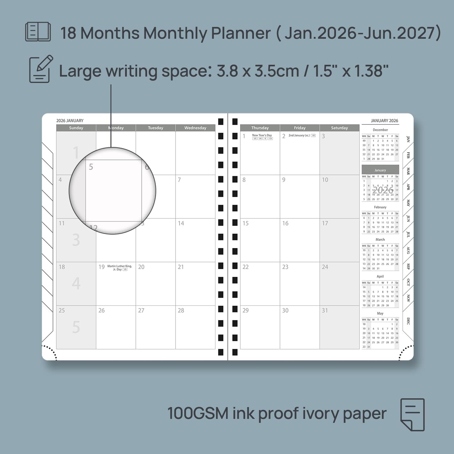 POPRUN Monthly Planner 2026-2027 (Medium 6.5" x 8.5") 18 Months Calendar (Jan 2026 - Jun 2027) - 4 Pages per Month with Expense & Notes, Stair-like tabs, Leather Cover, Sunday Starts - Grey