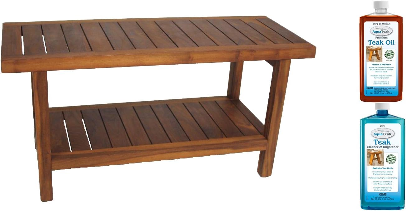 AquaTeak The Original 36" Spa Teak Shower Bench with Shelf & AquaTeak Two-Step Care Kit
