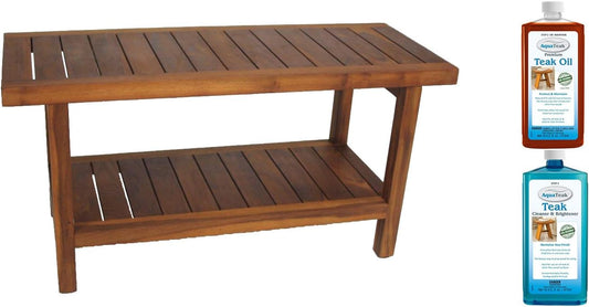 AquaTeak The Original 36" Spa Teak Shower Bench with Shelf & AquaTeak Two-Step Care Kit