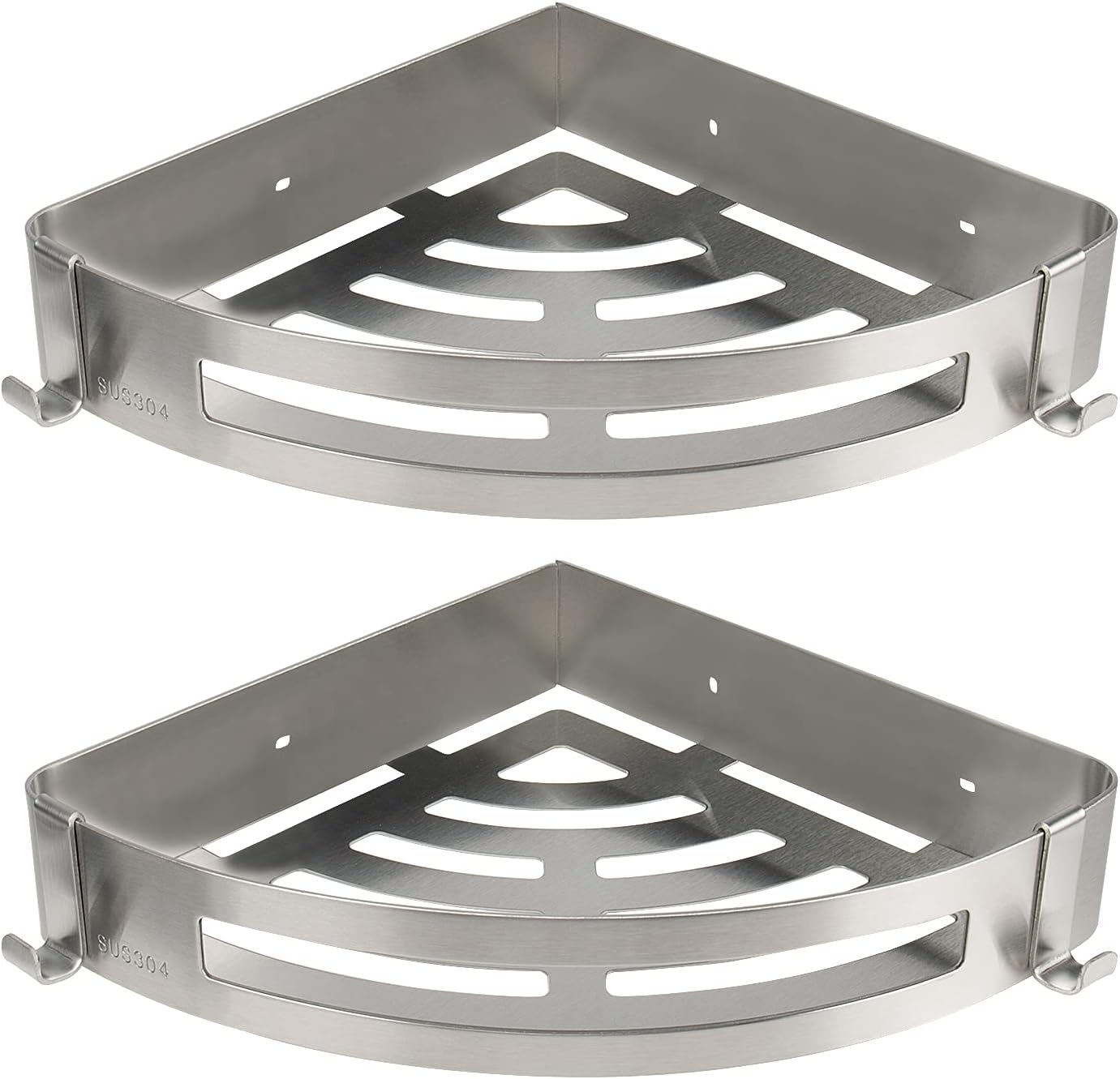 NearMoon Bathroom Shower Caddy 2 Pack, No Drill 304 Stainless Steel Shower Organizer with 2 Hooks (Corner Shelf, Brushed Nickel)