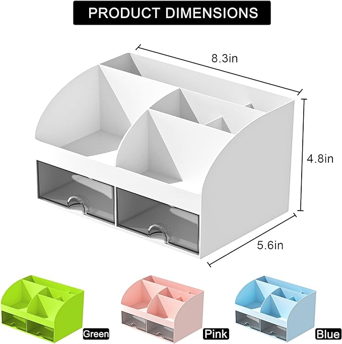Desk Organizer with 6 Compartments and 2 Drawers, Plastic Makeup Organizer, Pen Holder for Desktop Storage, Desk Organization for School, Home, Office Supplies (White-2Pack)