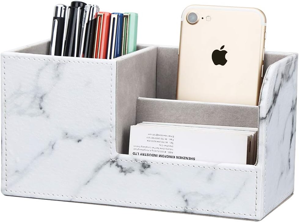 KINGFOM Desk Organizer Office Supplies Caddy Pu Leather Multi-function Storage Box Pen/Pencil,Cell phone, Business Name Cards Remote Control Holder Gray Marble