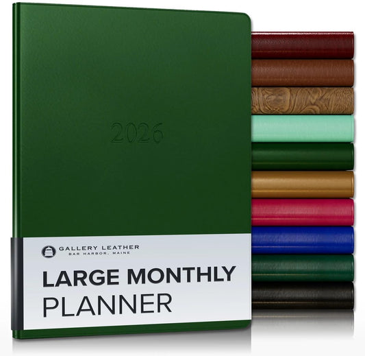 Gallery Leather Large Monthly Planner 2025-2026, Elegantly Bound Calendar Planner and Notebook with Stylish Gold-Gilded Page Edges, 18 Months - Freeport Metallic Hunter - 9.75x7.5"
