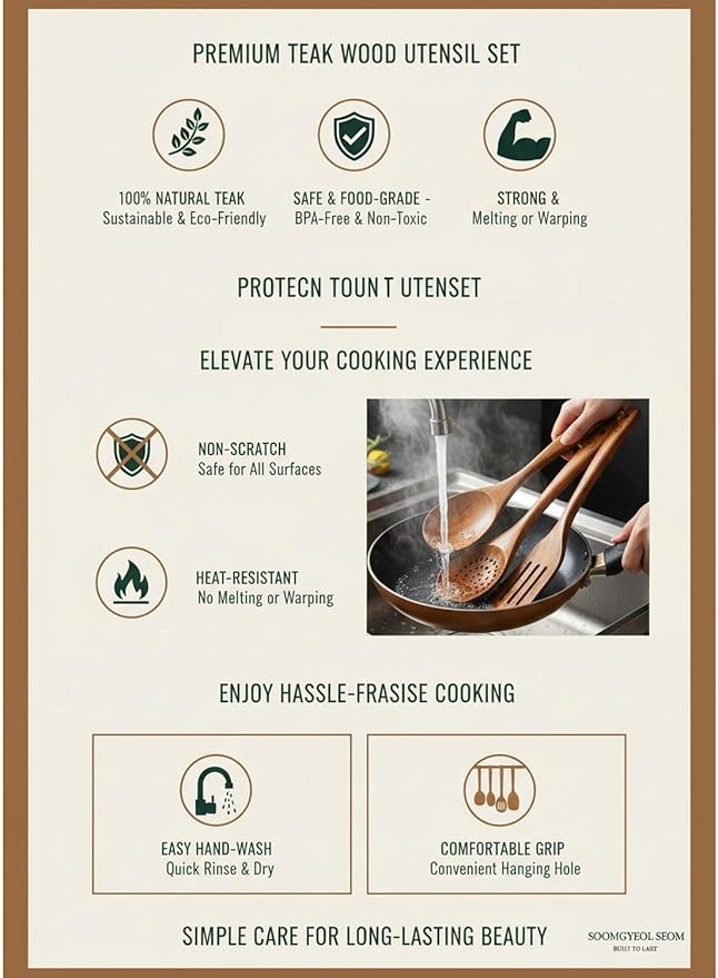 100% Natural Teak Wood Wooden Utensil Set – 6 Pcs Durable Kitchen Spoons for Cooking – Non-Stick & Heat Resistant, Eco-Friendly & Comfortable Grip