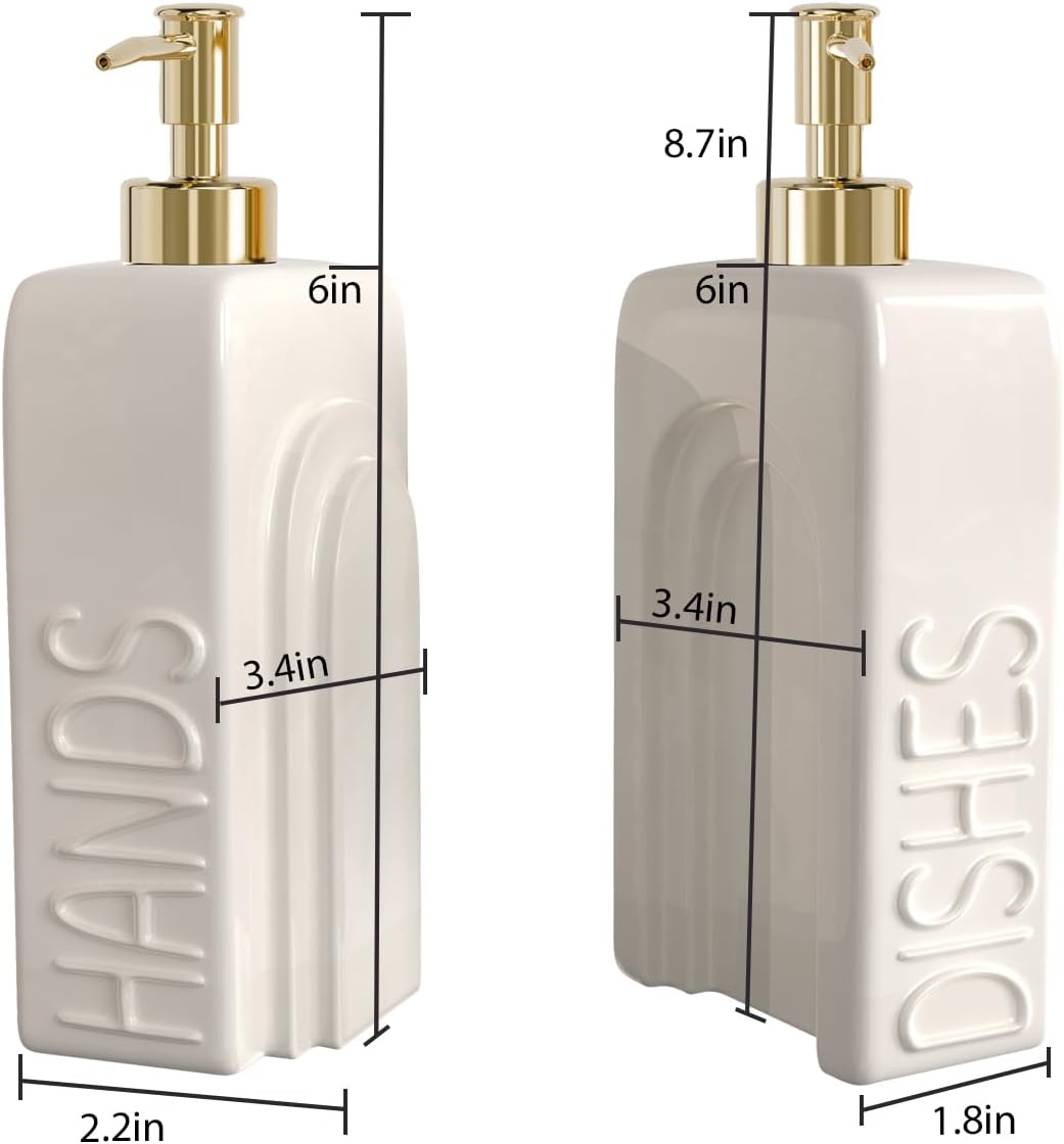 Soap Dispenser Set with Gold Stainless Steel Pump and a Funnel, 2 Pack Modern Ceramic Refillable Hand and Dish Soap Dispenser for Kitchen, Bathroom, Matte White