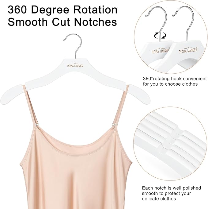 TOPIA HANGER Wooden Coat Hangers 12 Pack, Premium Wood Suit Sweater No Shoulder Bump Hangers, 360° Swivel Hook and Cut Notches Clothes Hangers for Sweater, Coat, Shirts, Hoodies, Dress, White CT84W
