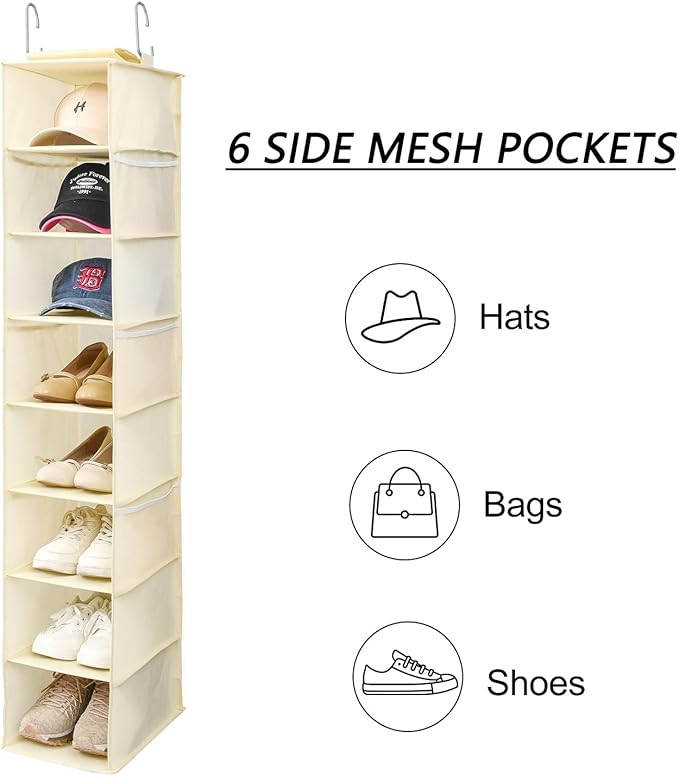 Hanging Shoe Organizer for Closet with Side Mesh Pockets，Hat Racks for Baseball Caps，Shoe and Hat Holder & Storage，8-Shelf，Beige，1 Pack