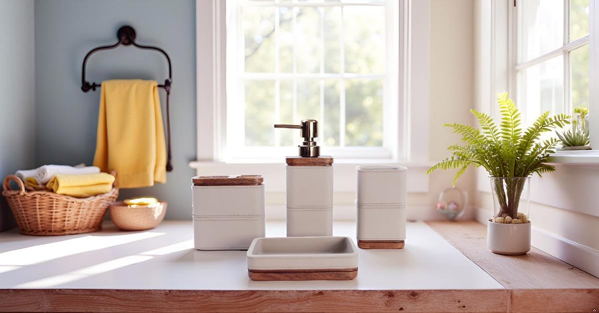 Hymmah Leather Pattern Design Bathroom Accessories Set,Farmhouse Bathroom Decor,4 Pcs Resin Gift Set Apartment Necessities, Contain Cotton Swab Jar,Soap Dispenser,Tumbler，Soap Dish/Tray