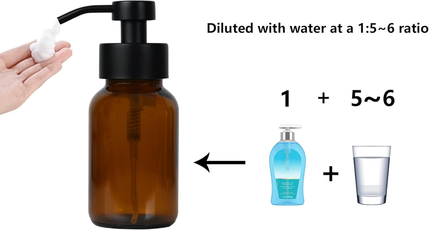8.5 oz Amber Glass Foam soap Dispenser with Black Rust-Proof Foam Pump, refillable Thick Glass Foam soap Dispenser for Kitchen and Bathroom (1, 8.5 oz)