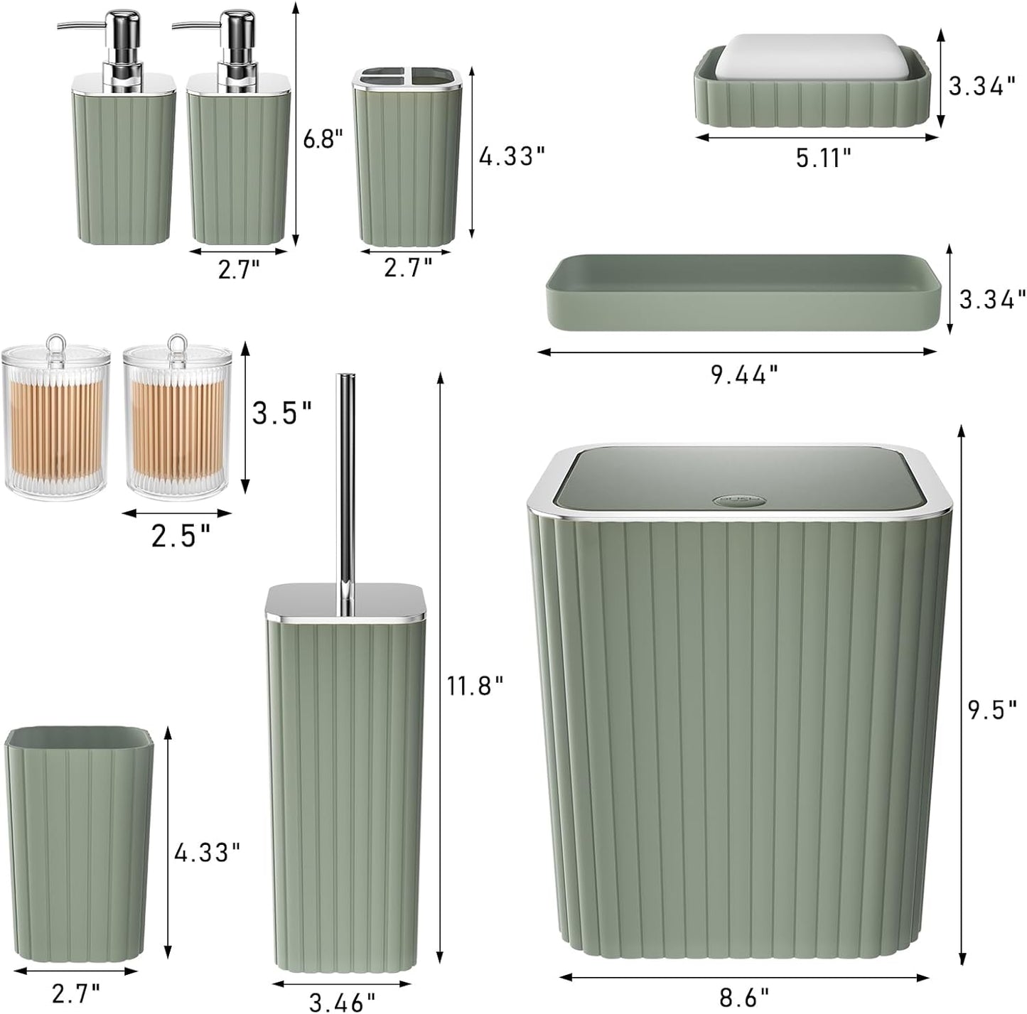 Bathroom Accessories Set - Gorgeous Sage Green Bathroom Set, 10PC Bathroom Accessory Set, Toilet Brush, Trash Can, Qtip Holder Dispenser & Soap Dispenser