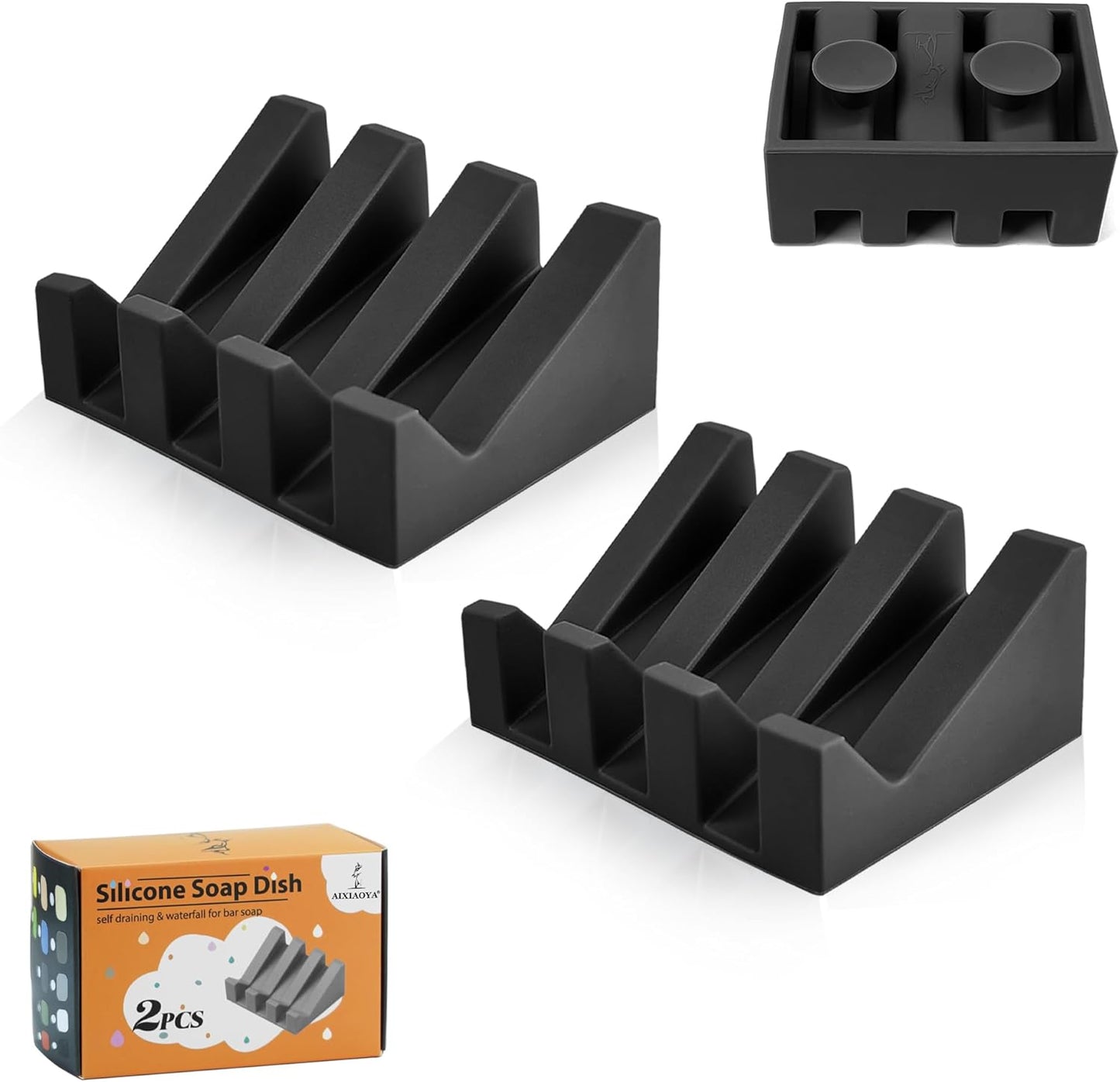 Silicone Soap Dish with Drain, Upgrade Double Suction Cups at The Bottom for Anti-Slip and Stability, Soap Dish Shower Waterfall Bar Soap Holder Tray with Drain Soap Holder (2, Black)