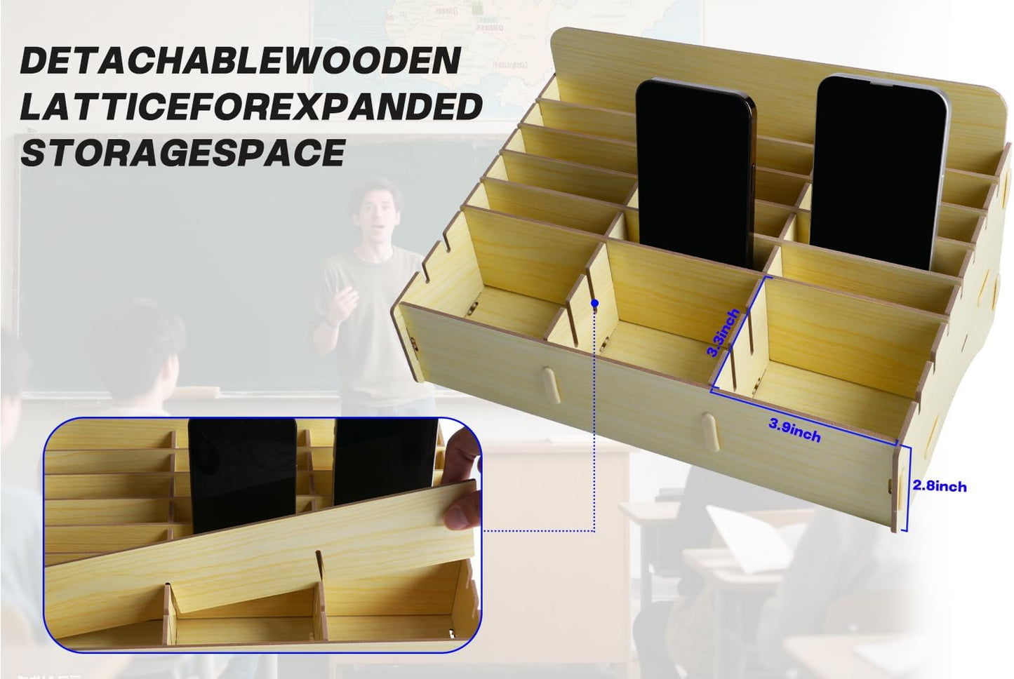 HengTianMei Wooden Desktop Storage Box Mobile Phone Management Storage Box Creative Desktop Office Meeting Finishing Grid Multi Cell Phone Rack Display (New 24)