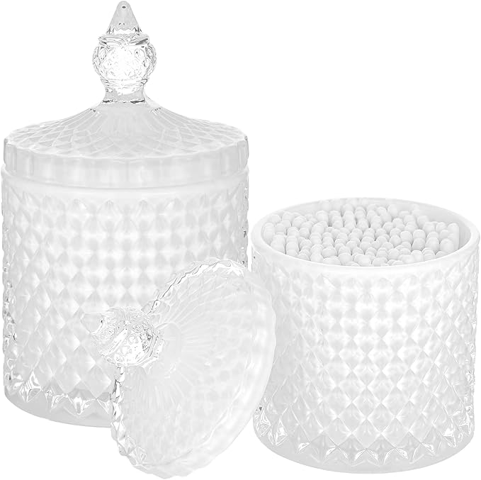 2 Pack Qtip Holder Thick Glass Apothecary Jars with Lid for Bathroom Decor Storage Organizer for Cotton Swabs, Balls, Pads, Floss Picks, Candy, Jewelry, White
