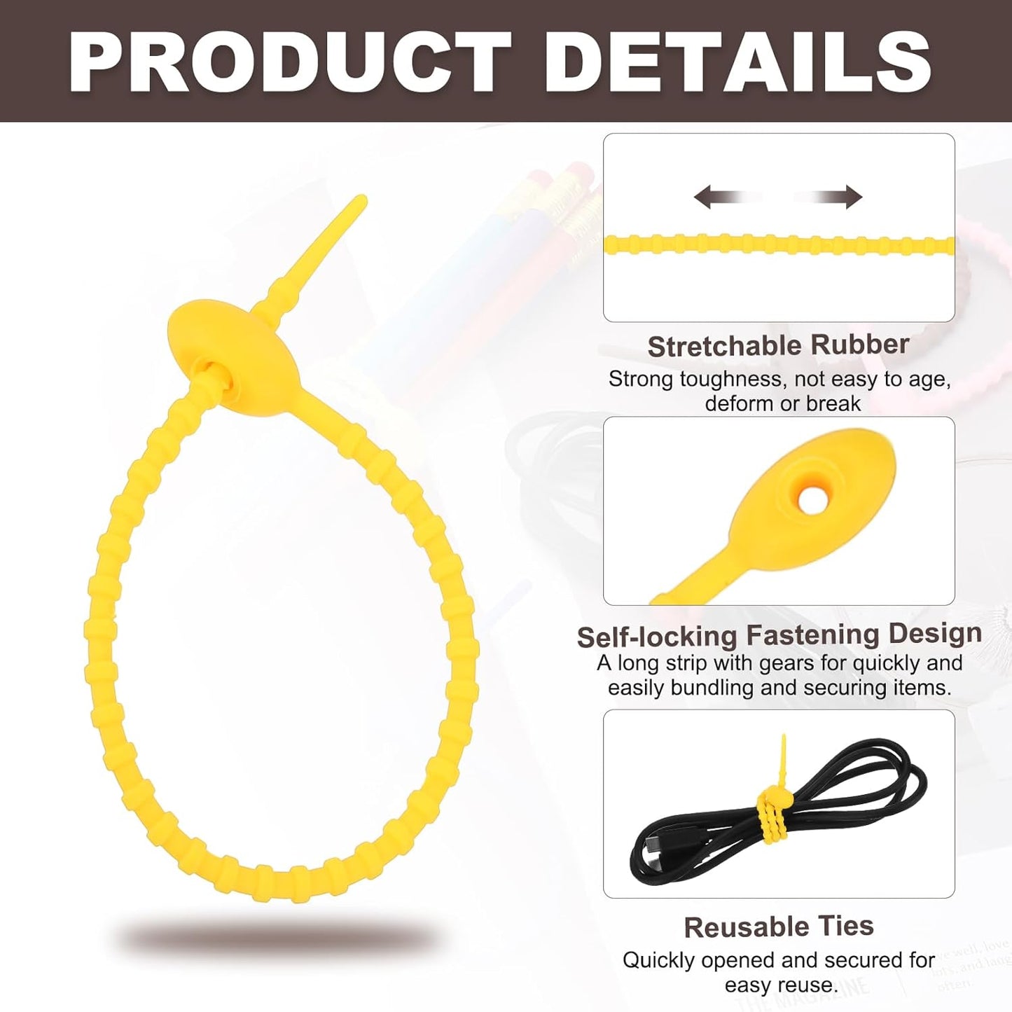 uxcell 20 Pcs Silicone Ties Bag Clip, 8.5 Inch Multi Purpose Silicone Zip Ties Reusable Rubber Zip Tie, Cable Strap Cord Organizer for Home Office Food Bag Wires Cables, Yellow