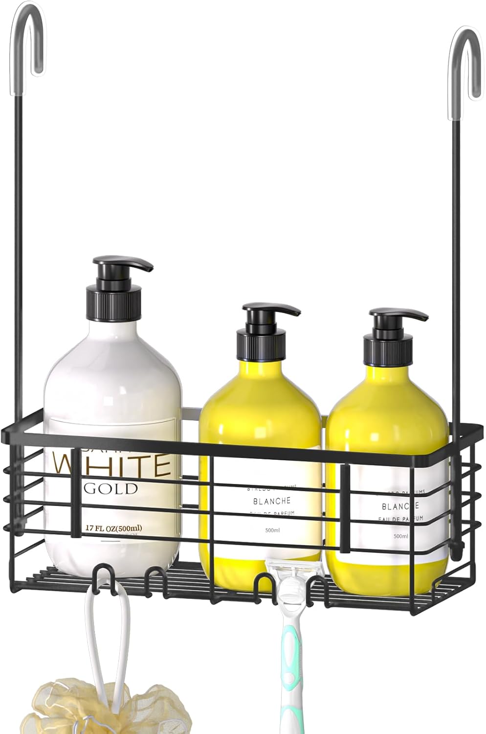 DELLAN Hanging Shower Rack, Shower Organizer Hanging for Bathroom, Shower Rack with Hooks Over the Door, Bathroom Shower Caddy and Basket(Black)