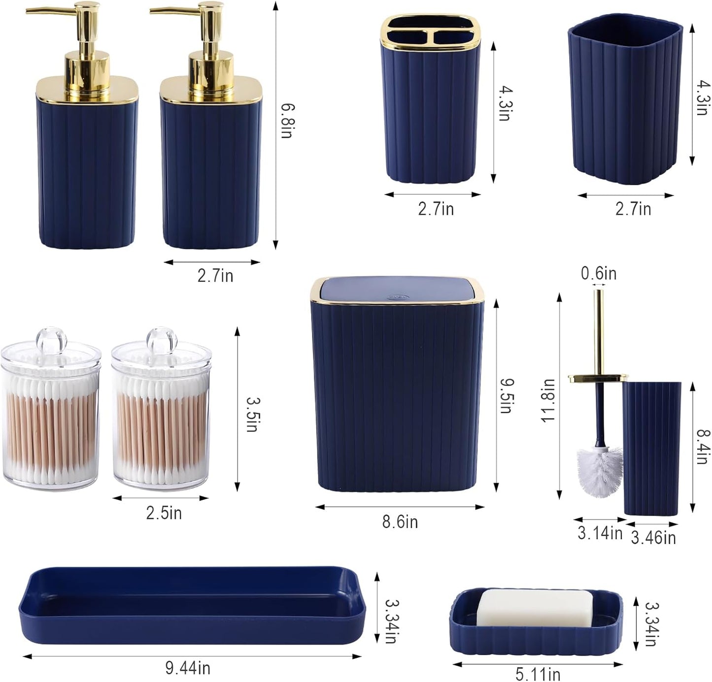 Bathroom Accessories Set - Gorgeous Bathroom Set, 10PC Navy Blue Bathroom Accessory Set, Toilet Brush, Trash Can, Qtip Holder Dispenser & Soap Dispenser