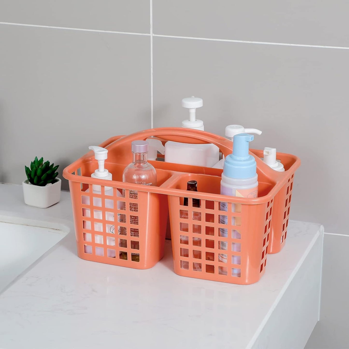 JiatuA Portable Shower Caddy Basket with Compartments Cleaning Supplies Organizer with Handle Plastic Storage Divided Tool Bin for Bathroom, Bedroom, Kitchen, College Dorm, Garden, Under Sink, Orange