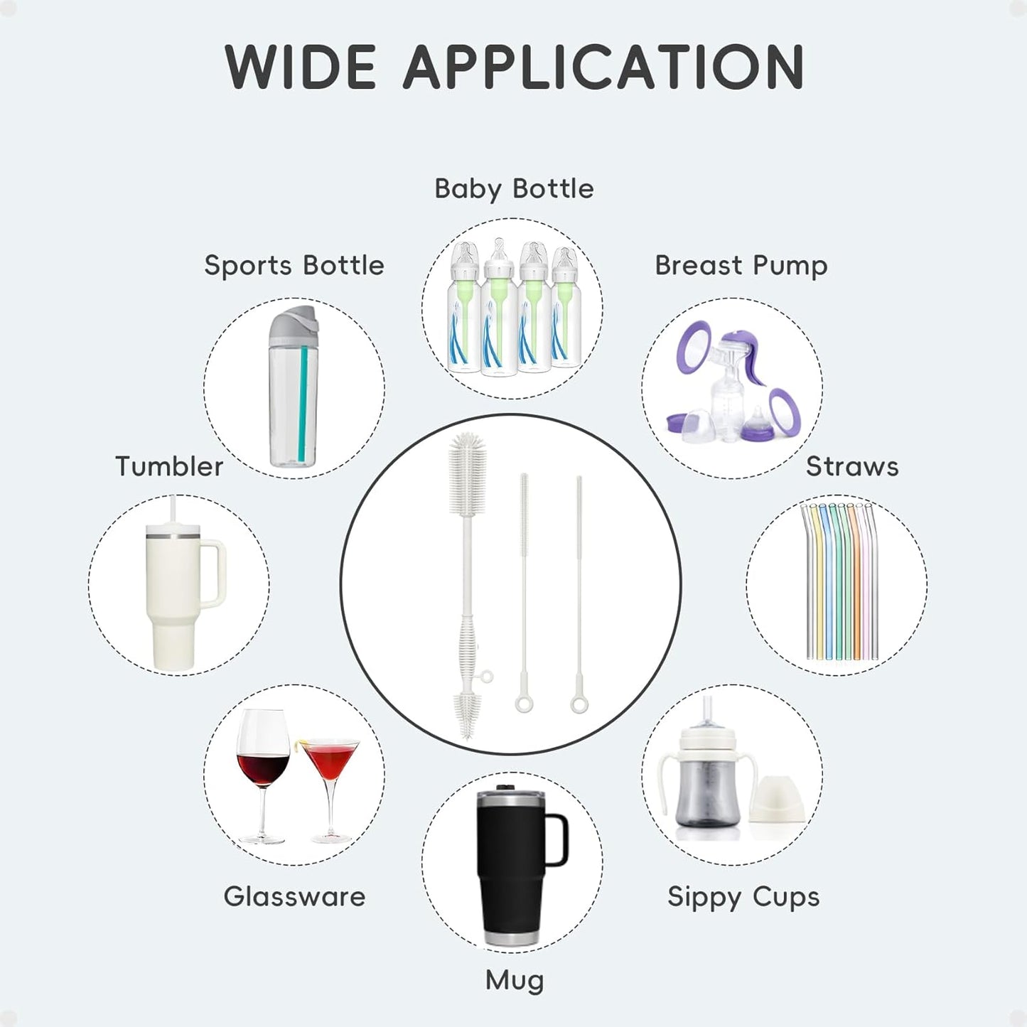 Silicone Cleaning Brush Kit,Water Bottle and Straw Cleaner Brush Set for Tumbler,Baby Bottle,Breast Pump Part,Nipple,Sippy Cup,Glass,Dishwasher Safe,BPA Free,3 Pcs