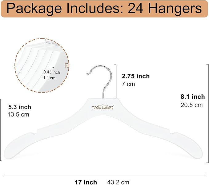 TOPIA HANGER Wooden Coat Hangers 24 Pack, Premium Wood Suit Sweater No Shoulder Bump Hangers, 360° Swivel Hook and Cut Notches Clothes Hangers for Sweater, Coat, Shirts, Hoodies, Dress, White CT85W