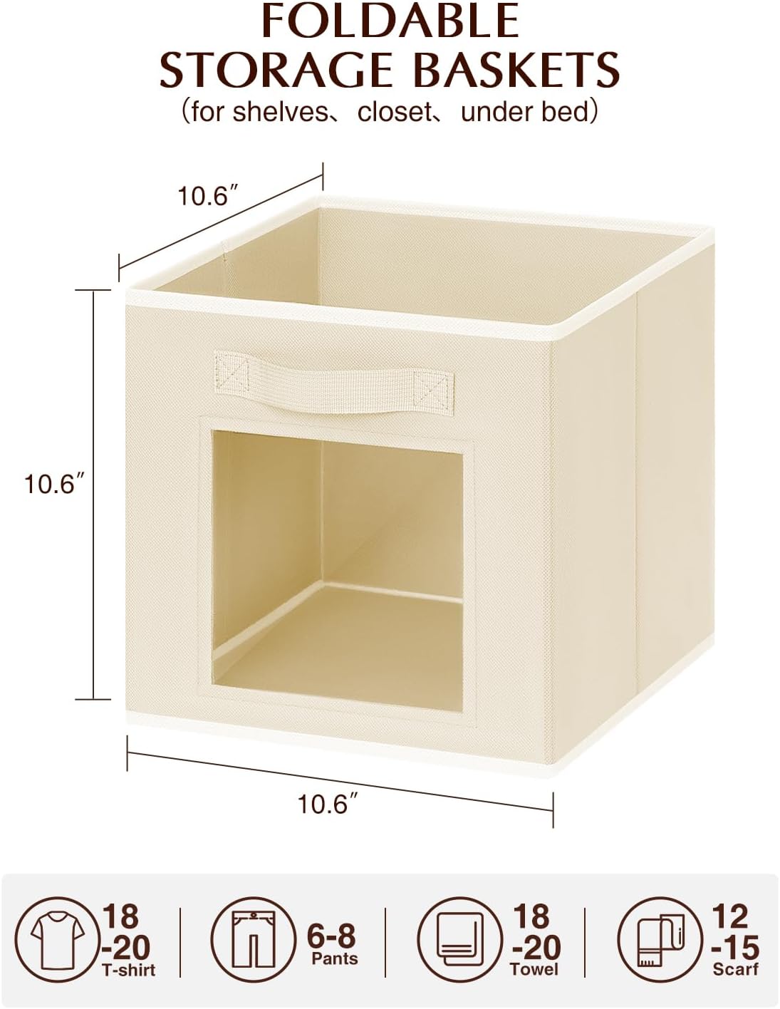 Foldable Storage Cubes - Square Organizer with Window, Decorative Baskets for Organizing, Fabric shelf Basket for Clothes, 11 Inch Closet Storage Cubes, Set of 16, Beige